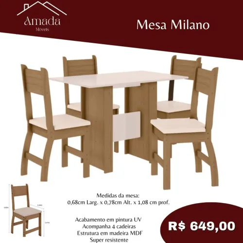Mesa de Jantar Milano 4 Cadeiras - Amadeirado, entrega em 3 Dias 
