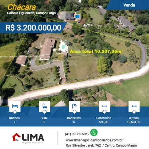 Chácara 10.504m² 500m² de área construída Col Figueiredo Campo Largo-PR 2,5km do asfalto 