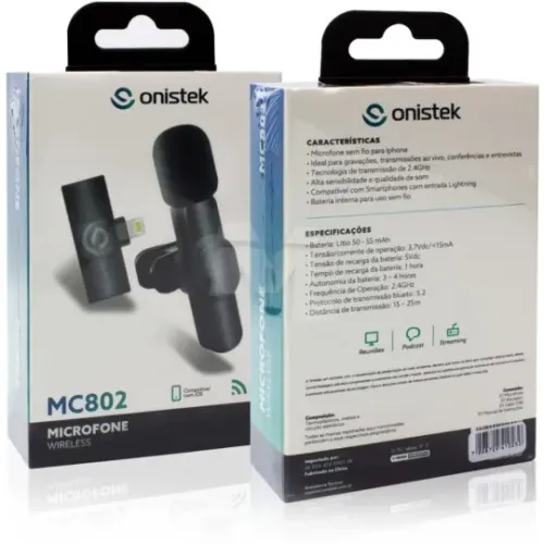 Microfone de Lapela sem Fio Conexão Lightning para IOS (IPhone) ON-MC802 - WZetta