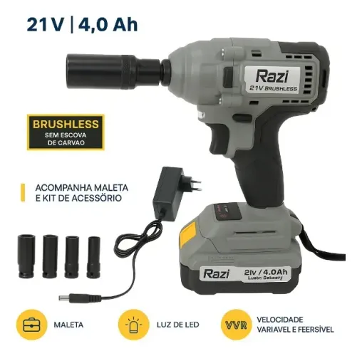  CHAVE IMPACTO RAZI BRUSHLESS C/1BAT 21V 4AH C/ACESSORIOS 