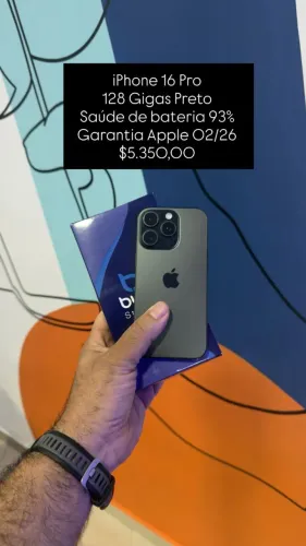 iPhone 16 Pro / 128GB / Preto / Saúde de bateria 93% / Garantia Apple 02/26 / R$ 5.350,00