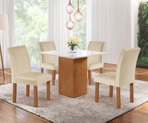 Mesa de Jantar Dakota 90x90cm Tampo de Vidro c/ 4Cds Bege Cel Móveis - Entrega Rápida!  