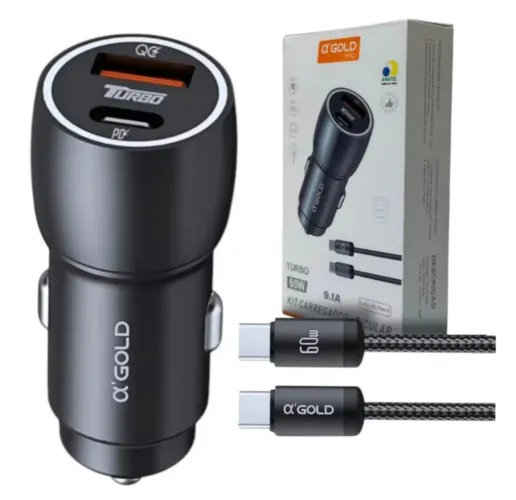 Carregador de carro turbo 60W 9.1A com cabo USB-C