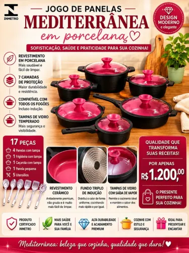 Jogo de panelas em porcelana mediterrânea  com acessórios 