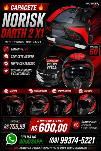 Capacete Aberto Norisk Darth 2 X1 Preto Vermelho 4 Em 1