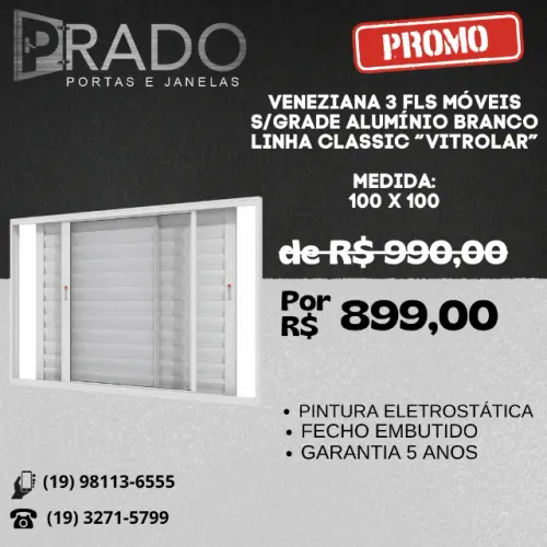 Veneziana 3 folhas móveis sem grade alumínio ( branco e preto)
