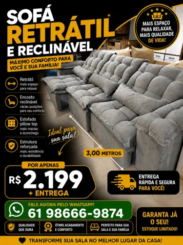 Sofá 3mt retrátil e reclinável