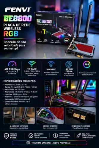 Placa de Rede Wi-Fi 7 Fenvi BE8800 PCIe RGB - Dual Antena