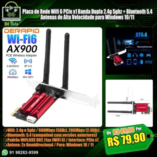 Placa de Rede Wifi 6 PCIe x1 Banda Dupla 2.4g 5ghz + Bluetooth 5.4