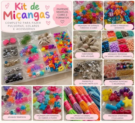 Kit de Miçangas, Contas e Acessórios para Bijuterias