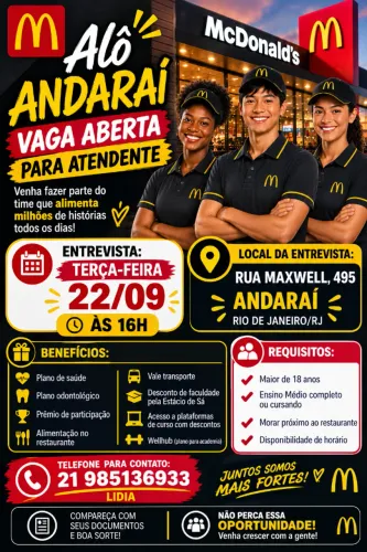Vagas McDonald's Andaraí (necessário morar próximo)