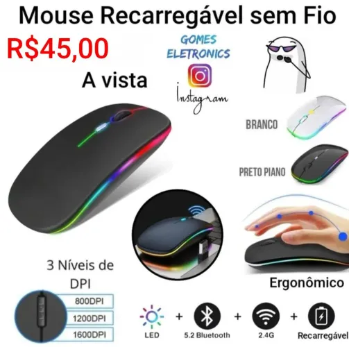 Mouse sem fio recarregável 2 em 1 - Bluetooth e 2.4Ghz Silêncioso (Loja Fisica)