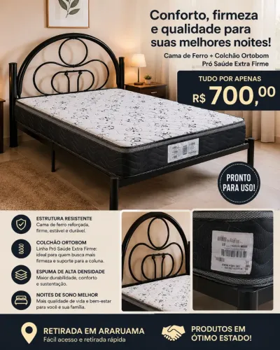 CAMA DE FERRO + COLCHÃO ORTOBOM EXTRA FIRME - OPORTUNIDADE! Conforto e resistência.