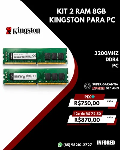 Kit Memória RAM Kingston 16GB (2x8GB) DDR4 3200MHz para PC
