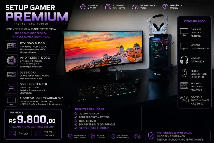 SETUP GAMER COMPLETO - Ryzen 7 5800XT + RTX 5060 Ti 16GB + Monitor Ultrawide + Periféricos