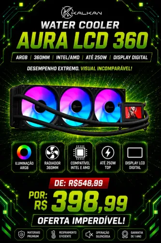 Water Cooler Kalkan AURA LCD 360, ARGB, 360mm, Intel/AMD, Até 250W, Display Digital, Preto