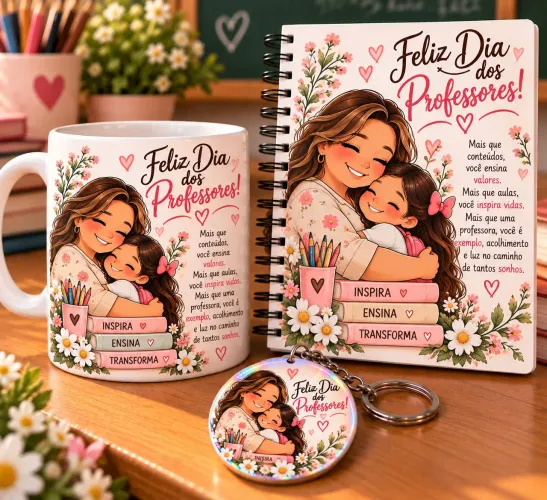 Kit Presenteável, composto: caderno, caneca e chaveiro do Dia dos Professores.