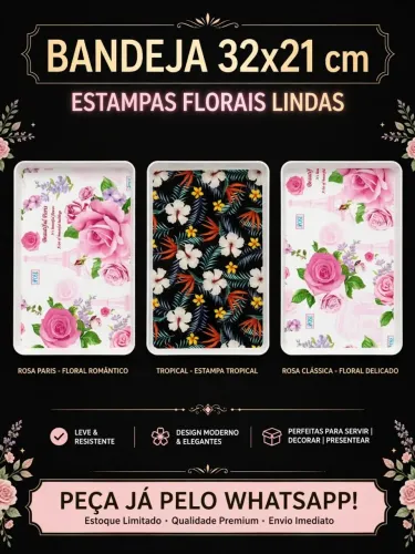 3 Bandeja de 32 x 21 cm linda floral de plástico resistente