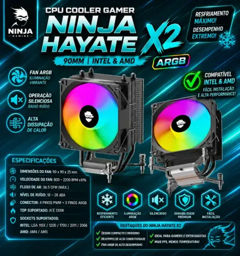 CPU Cooler Gamer Ninja Hayate X2 ARGB, 90mm, Intel & AMD (NOVO/LACRADO!)