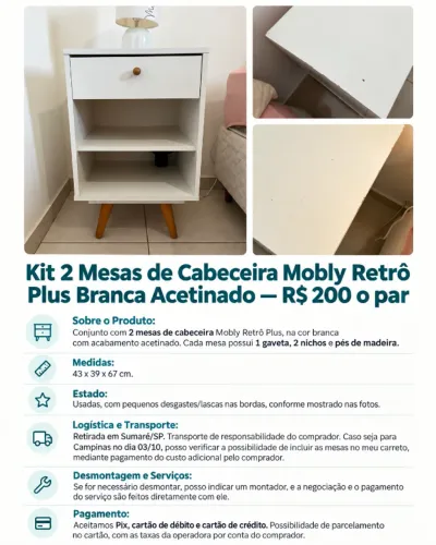 Kit 2 Mesas de Cabeceira Mobly Retrô Plus Branca Acetinado