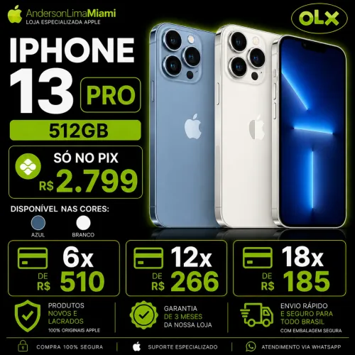 IPHONE 13 PRO 512GB PROMOÇÃO SO NO PIX, LOJA NO RIOMAR, FAZEMOS ENTREGA A COMBINAR.