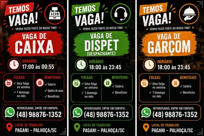 Estamos com vagas abertas para: Caixa/Despachante/Garçom