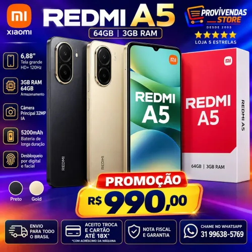 Xiaomi Redmi A5 64GB 3GB RAM Tela 6,88" Câmera 32MP Cores Preto e Gold Novo lacrado 4G.