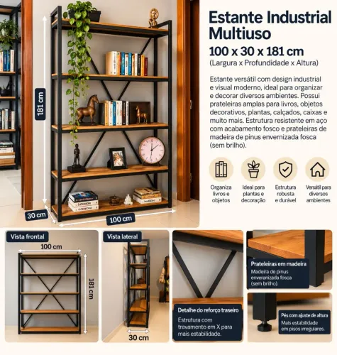 Estante Industrial de Aço e Madeira com 5 Prateleiras - 100 cm