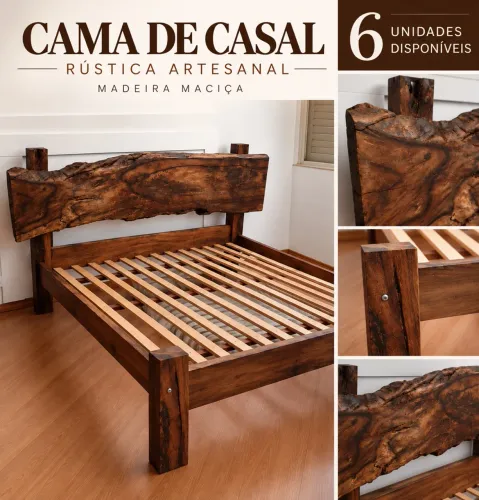 Cama de Casal Rústica de Madeira - Design Artesanal