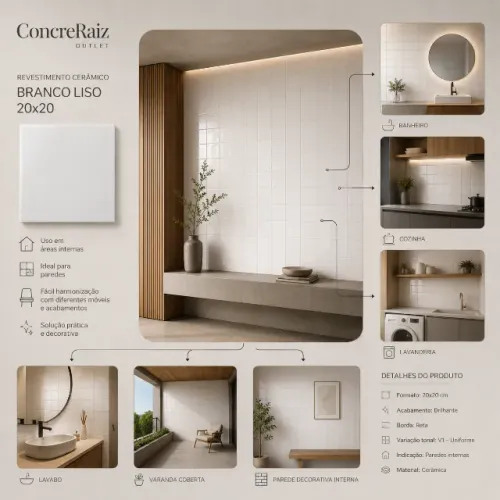 Azulejo Cerâmico Branco Liso 20x20 | Novo
