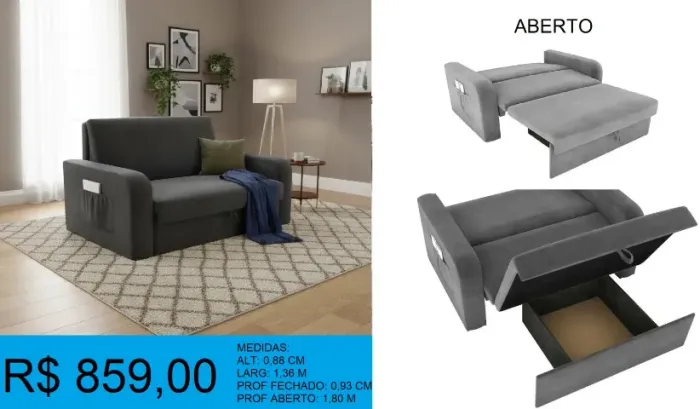 Sofá cama com baú - Entrega gratuita parcelamento em até 12x sem juros