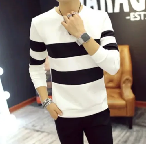 Camiseta Masculina Manga Comprida Listrada Casual Branco/Preto Estudante Estiloja Coreano