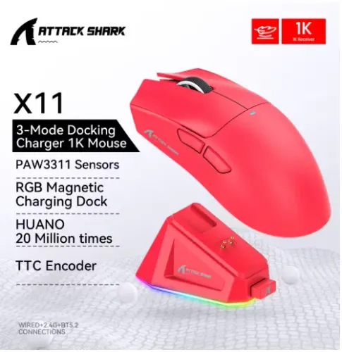 Attack Shark X11 Red - Mouse Gamer Ultra Leve, Bluetooth, Carregamento Magnético