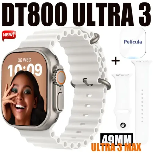 Smartwatch DT800 Ultra Com 2 Pulseiras Brancas Frequencia Cardiaca Conta Passos
