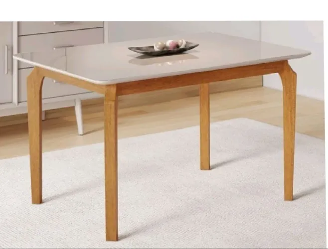Mesa de Jantar Elegante, Tampo com vidro Off White, Pés em Madeira