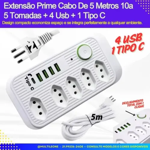 Extensão Prime Cabo De 5 Metros 10a 5 Tomadas 4 Usb + Tipo C