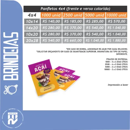 Panfletos Couchê 90G 4x4 frente e verso colorido - Brindes Personalizados Brindeias