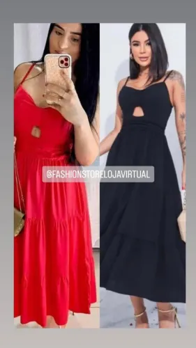 Vestido soltinho longuete com alça preto, rosa e vermelho