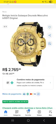 Vendo invicta sub água original banho ouro 18k funcionando perfeitamente valor 700