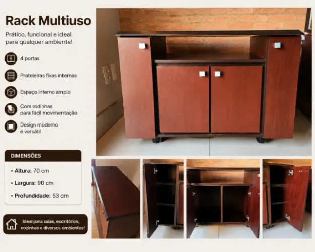 Rack Multiuso Design elegante com Rodinhas e Portas