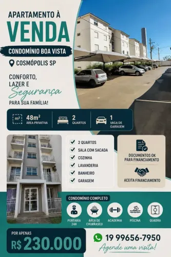 Apartamento no condomínio Boa Vista, em Cosmópolis-SP.
