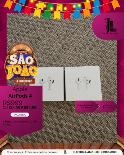 APPLE AIRPODS 4, SEM O CANCELAMENTO DE RUÍDO, LACRADO, EXCLUSIVO!