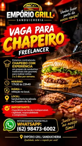 Contrata chapeiro free lancer com experiência em sanduíche tradicionais