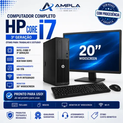 Computador Completo HP Core I7 3a gen 8 GB Ram HD 1 TB Tela 20" Wifi Trabalho Estudo Nota 