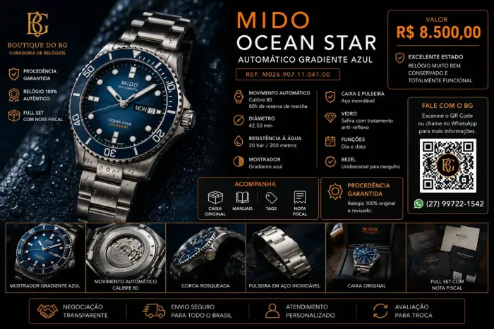 Mido Ocean Star Automático Gradiente Azul | Full Set | Impecável