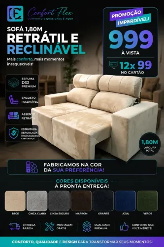 Sofá Confortável 1.80m RETRÁTIL E RECLINÁVEL