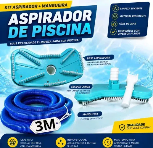 Kit Limpeza de Piscina Completo com CaboExtensor 3m-Mangueira3m, aspirador,escova,peneira