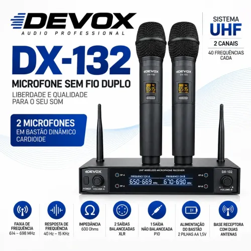 Microfone Sem Fio Devox DX-132 Duplo UHF 2 Canais