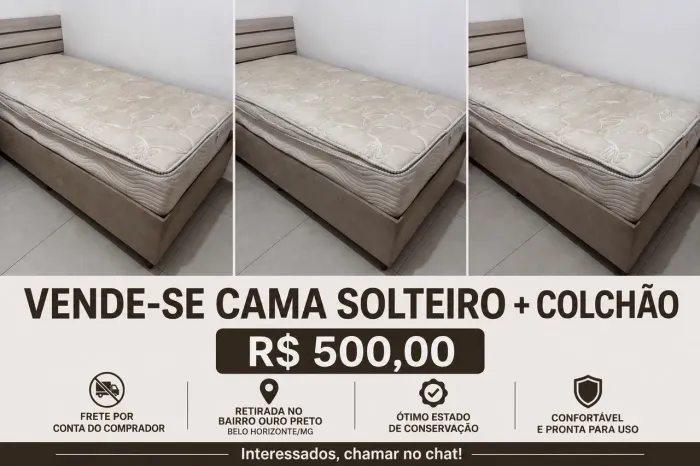Cama Solteiro + Colchão em Ótimo Estado - R$ 500