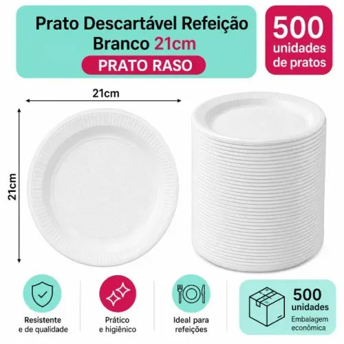 Prato Descartável 21cm Raso Caixa C/ 500 Unidades